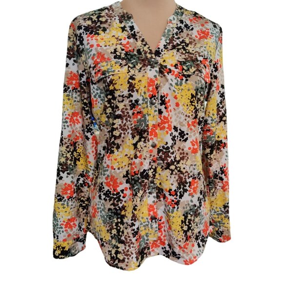 Laura Scott Womens Blouse Long Sleeve Button Shirt V Neck Abstract Floral sz M - Picture 1 of 10